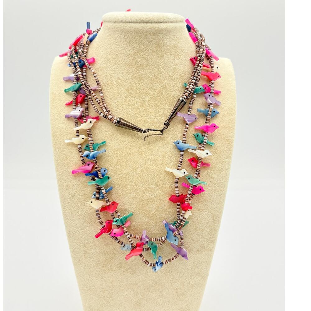 Zuni‑Market Multi‑Strand Bird Fetish Necklace, Dyed Mother‑of‑Pearl Birds